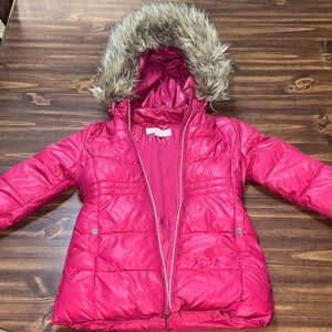 MICHAEL Michael Kors Bright Pink Hooded Puffer with Faux Fur Trim size 6x